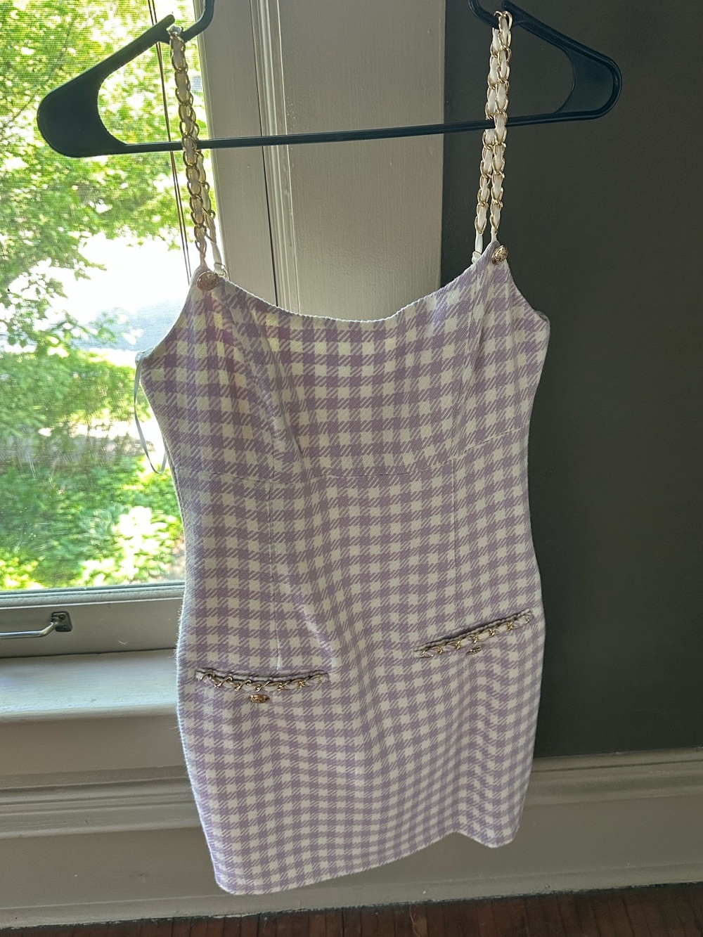 GUESS Caroline Tweed White and Lavender Gingham Gold Chain-Strap Mini Dress